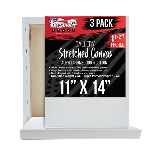 11 x 14 inch Gallery Depth 1-1/2" Profile Stretched Canvas, 3-Pack - 12-Ounce Acrylic Gesso Triple Primed, - Professional Artist Quality, 100% Cotton