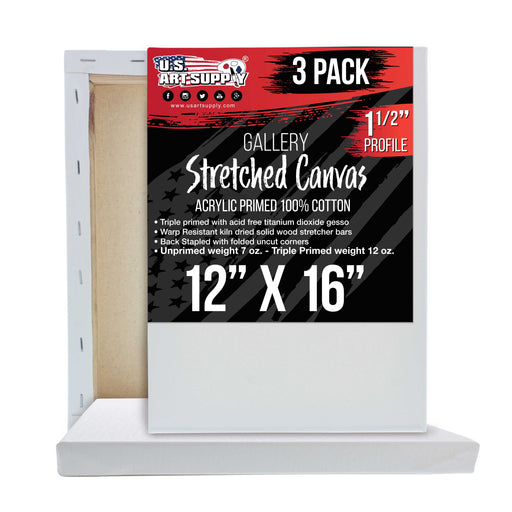 12 x 16 inch Gallery Depth 1-1/2" Profile Stretched Canvas, 3-Pack - 12-Ounce Acrylic Gesso Triple Primed, - Professional Artist Quality, 100% Cotton
