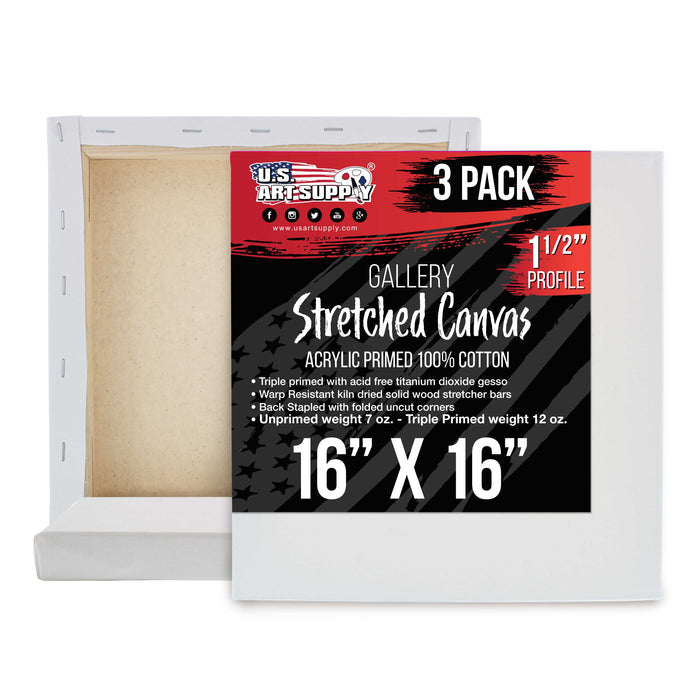 16 x 16 inch Gallery Depth 1-1/2" Profile Stretched Canvas, 3-Pack - 12-Ounce Acrylic Gesso Triple Primed, - Professional Artist Quality, 100% Cotton