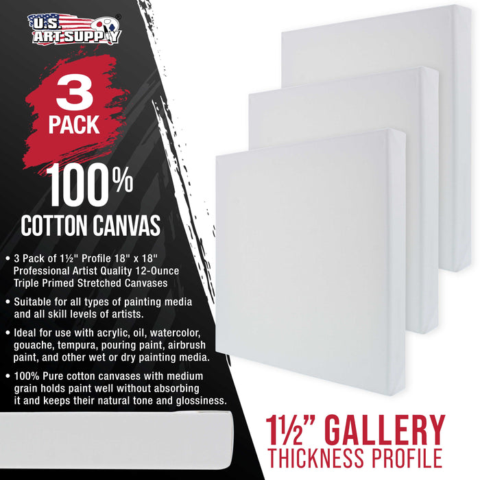 U.S. Art Supply Professional Quality 18" X 18" Gallery Depth Stretched Canvas 3-Pack