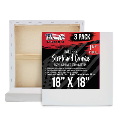 Large Stretched Canvas for Painting 18x18 inch Gallery Depth 1-1/2" Thick, 3-Pack - 12oz Acrylic Gesso Triple Primed, Professional Artist Quality, 100% Cotton - Oil, Pouring Paint