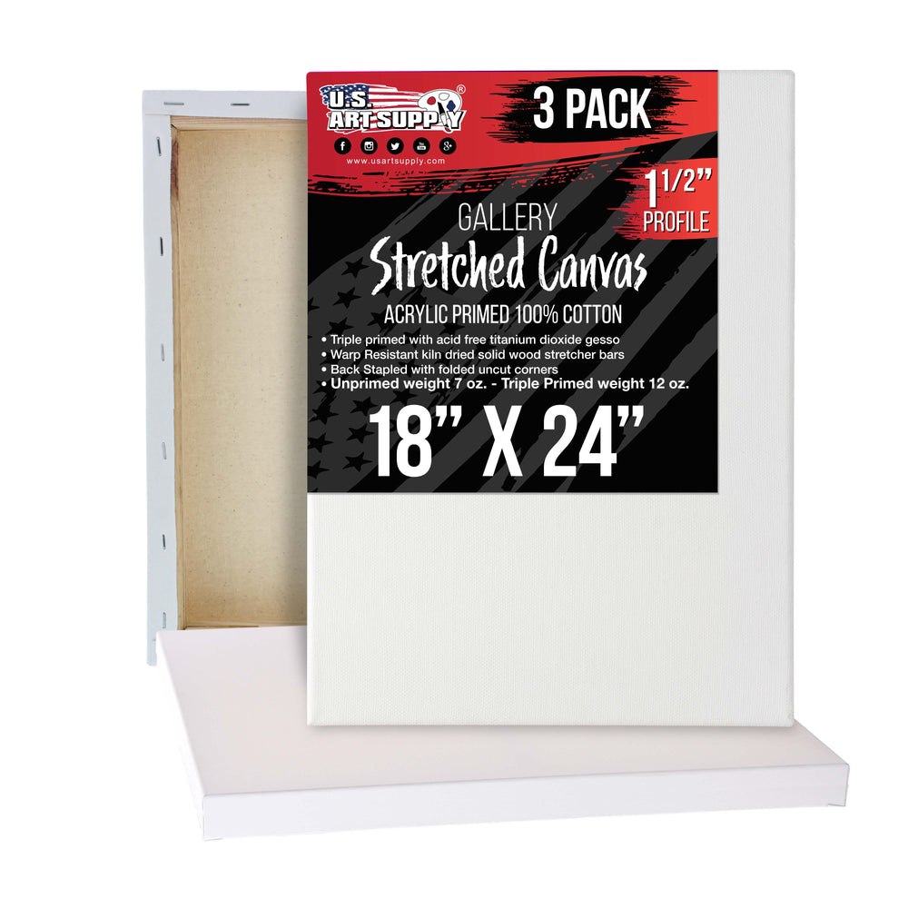 18 x 24 inch Gallery Depth 1-1/2" Profile Stretched Canvas, 3-Pack - 12-Ounce Acrylic Gesso Triple Primed, - Professional Artist Quality, 100% Cotton