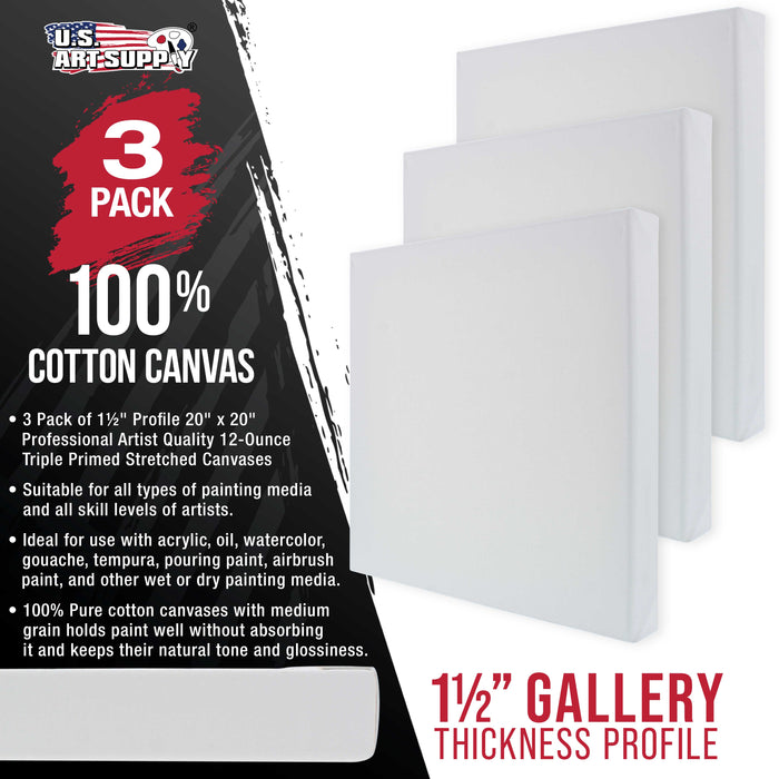 20 x 20 inch Gallery Depth 1-1/2" Profile Stretched Canvas, 3-Pack - 12-Ounce Acrylic Gesso Triple Primed, - Professional Artist Quality, 100% Cotton