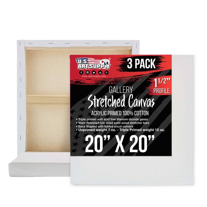 20 x 20 inch Gallery Depth 1-1/2" Profile Stretched Canvas, 3-Pack - 12-Ounce Acrylic Gesso Triple Primed, - Professional Artist Quality, 100% Cotton