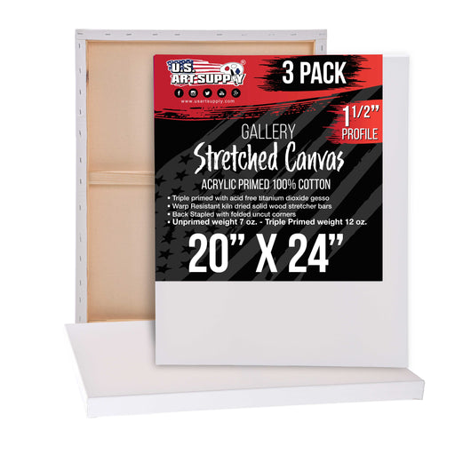 20 x 24 inch Gallery Depth 1-1/2" Profile Stretched Canvas, 3-Pack - 12-Ounce Acrylic Gesso Triple Primed, - Professional Artist Quality, 100% Cotton