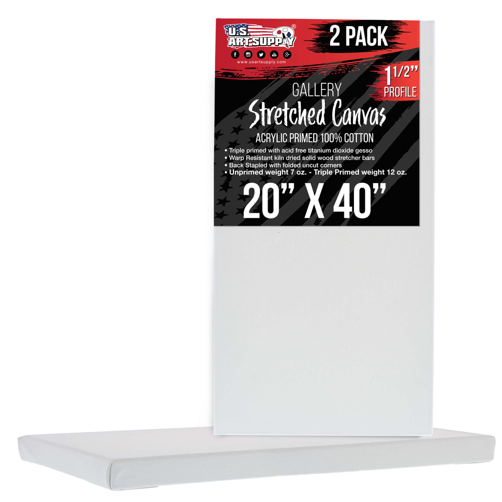 20" x 40" Gallery Depth 1-1/2" Profile Stretched Canvas 2-Pack - Acrylic Gesso Triple Primed 12-ounce 100% Cotton Acid-Free Back Stapled