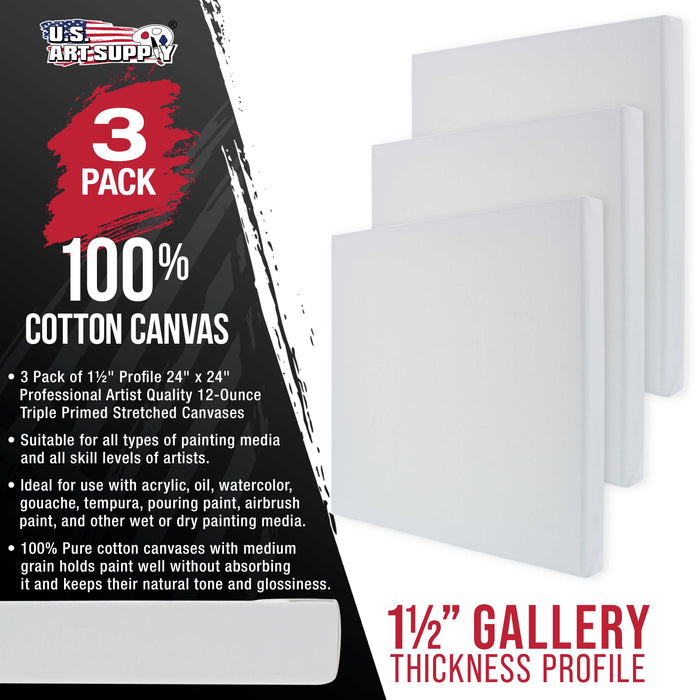 24 x 24 inch Gallery Depth 1-1/2" Profile Stretched Canvas, 3-Pack - 12-Ounce Acrylic Gesso Triple Primed, - Professional Artist Quality, 100% Cotton
