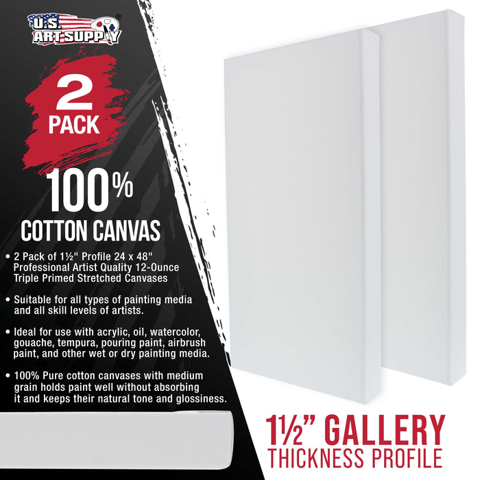 24 x 48 inch Gallery Depth 1-1/2" Profile Stretched Canvas, 2-Pack - 12-Ounce Acrylic Gesso Triple Primed, - Professional Artist Quality, 100% Cotton