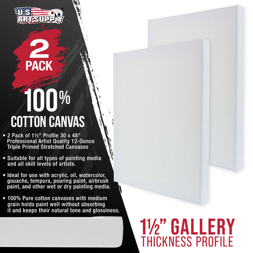 30 x 48 inch Gallery Depth 1-1/2" Profile Stretched Canvas, 2-Pack - 12-Ounce Acrylic Gesso Triple Primed, - Professional Artist Quality, 100% Cotton