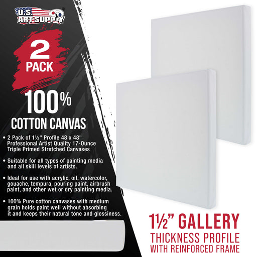 X-Large Stretched Canvas for Painting 48x48 inch Gallery Depth 1-1/2" Thick, 2-Pack - 12oz Acrylic Gesso Triple Primed, Professional Artist Quality, 100% Cotton - Oil, Pouring Paint