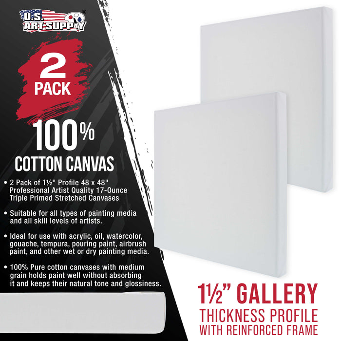 X-Large Stretched Canvas for Painting 48x48 inch Gallery Depth 1-1/2" Thick, 2-Pack - 12oz Acrylic Gesso Triple Primed, Professional Artist Quality, 100% Cotton - Oil, Pouring Paint