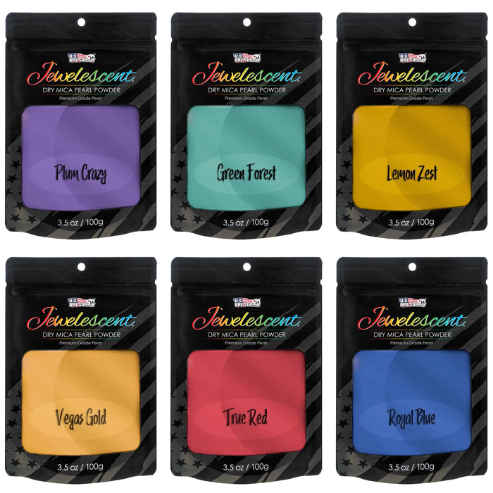 Jewelescent Basic 6 Color Mica Pearl Powder Pigment Set Kit, 3.5 oz (100g) Sealed Pouches - Cosmetic Grade, Metallic Color Dye