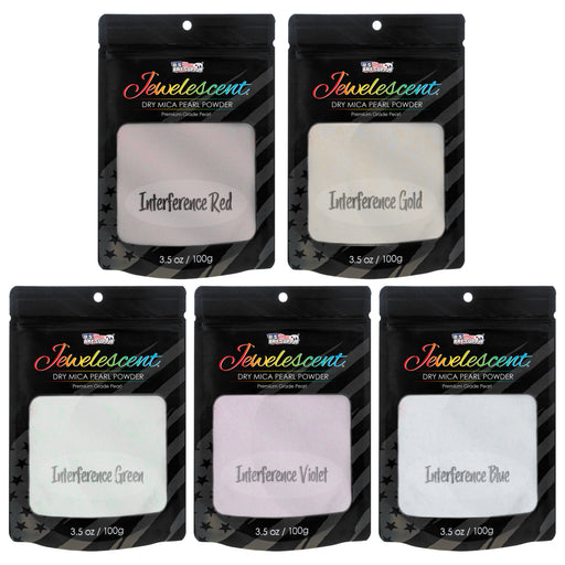Jewelescent Mica Pearl Pigment Powder Kit, 5 Interference Colors, 3.5 oz (100g) Pouches - Cosmetic Grade, Epoxy Resin Color Pigment, Mica Powder for Resin, Soap, Slime, Candle Dye, Art