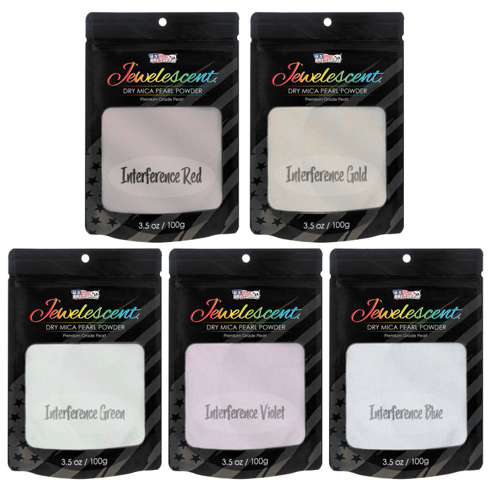 Jewelescent Mica Pearl Pigment Powder Kit, 5 Interference Colors, 3.5 oz (100g) Pouches - Cosmetic Grade, Epoxy Resin Color Pigment, Mica Powder for Resin, Soap, Slime, Candle Dye, Art