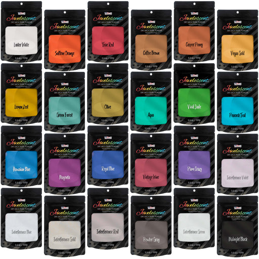 Jewelescent Mica Pearl Pigment Powder Kit, 24 Master Colors, 3.5 oz (100g) Pouches - Cosmetic Grade, Epoxy Resin Color Pigment, Mica Powder for Resin, Soap, Slime, Candle Dye, Art