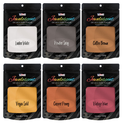 Jewelescent Mica Pearl Pigment Powder Kit, 6 Metal Tones Colors, 3.5 oz (100g) Pouches - Cosmetic Grade, Epoxy Resin Color Pigment, Mica Powder for Resin, Soap, Slime, Candle Dye, Art