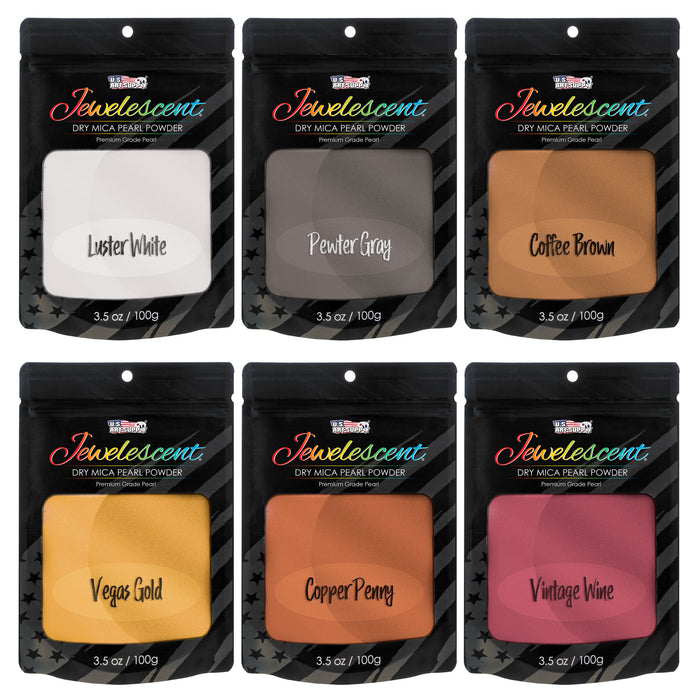 Jewelescent Mica Pearl Pigment Powder Kit, 6 Metal Tones Colors, 3.5 oz (100g) Pouches - Cosmetic Grade, Epoxy Resin Color Pigment, Mica Powder for Resin, Soap, Slime, Candle Dye, Art