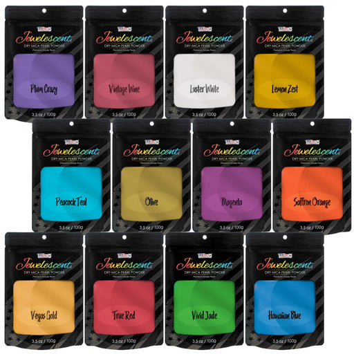 Jewelescent 12 Color Mica Pearl Powder Pigment Set Kit, 3.5 oz (100g) Sealed Pouches - Cosmetic Grade, Metallic Color Dye