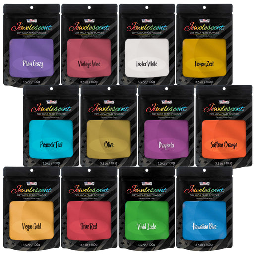 Jewelescent Mica Pearl Pigment Powder Kit, 12 Deluxe Colors, 3.5 oz (100g) Pouches - Cosmetic Grade, Epoxy Resin Color Pigment, Mica Powder for Resin, Soap, Slime, Candle Dye, Art