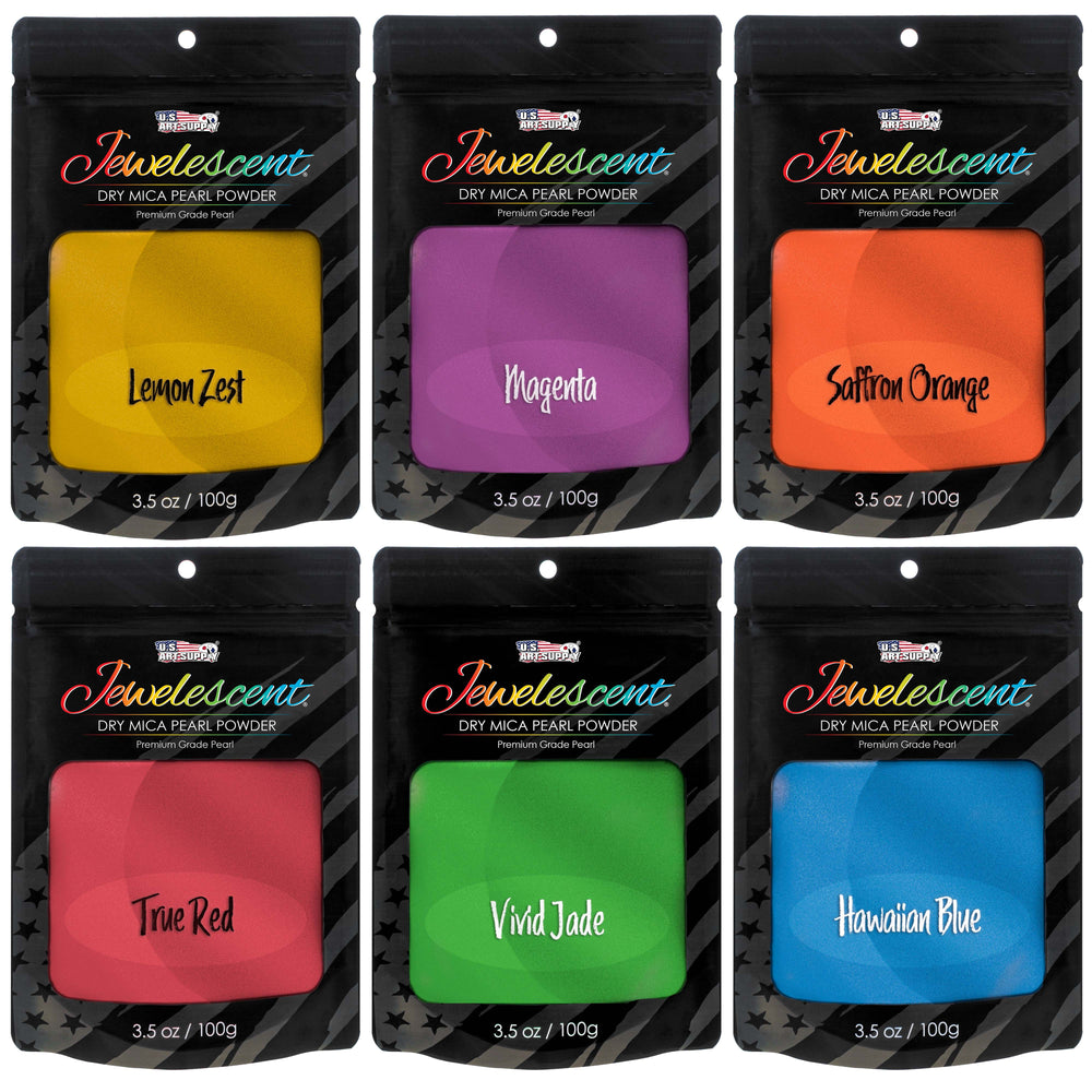 Jewelescent Mica Pearl Pigment Powder Kit, 6 Ultra Bright Colors, 3.5 oz (100g) Pouches - Cosmetic Grade, Epoxy Resin Color Pigment, Mica Powder for Resin, Soap, Slime, Candle Dye, Art
