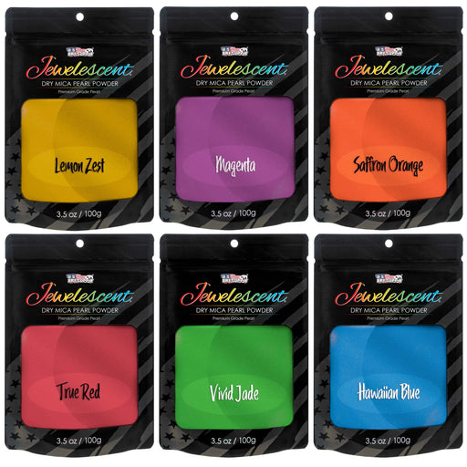 Jewelescent Mica Pearl Pigment Powder Kit, 6 Ultra Bright Colors, 3.5 oz (100g) Pouches - Cosmetic Grade, Epoxy Resin Color Pigment, Mica Powder for Resin, Soap, Slime, Candle Dye, Art