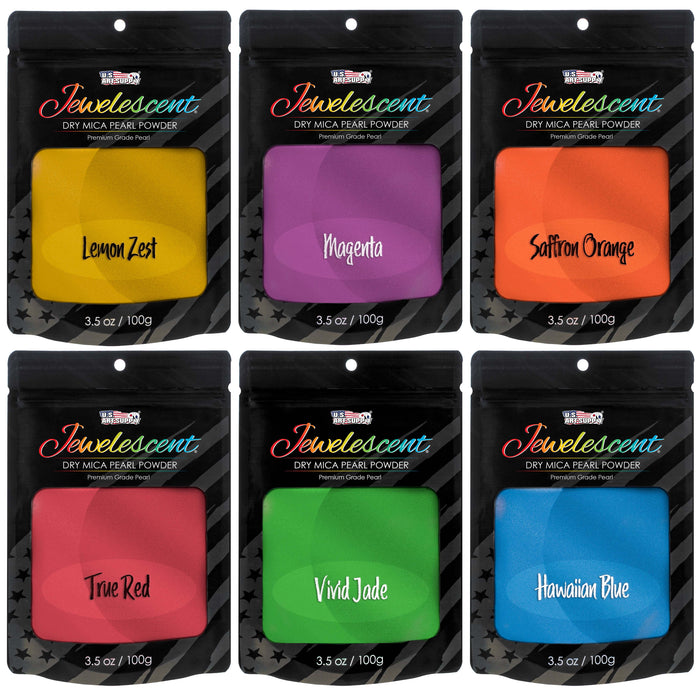 Jewelescent Mica Pearl Pigment Powder Kit, 6 Ultra Bright Colors, 3.5 oz (100g) Pouches - Cosmetic Grade, Epoxy Resin Color Pigment, Mica Powder for Resin, Soap, Slime, Candle Dye, Art