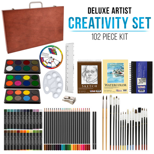 U.S. Art Supply 102-Piece Deluxe Art Creativity Set with Wooden Case, Artist Painting, Sketching, 24 Watercolor Paints, 17 Brushes, 24 Colored Pencils