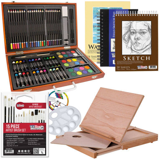 Art Supplies, 215-Piece Art Set Crafts Drawing Kit with Trifold Easel, Includes Preprinted Paper, Oil Pastels, Crayons, Colored Pencils, Smock & More