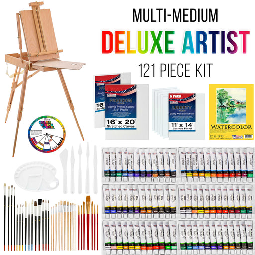 U.S. Art Supply 121-Piece Custom Artist Painting Set, Field Sketch Box Easel, 72 Paint Colors, 24 Acrylic, 24 Oil, 24 Watercolor 8 Canvases 32 Brushes