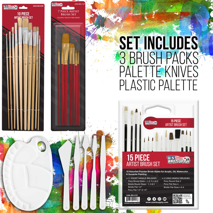 U.S. Art Supply 121-Piece Custom Artist Painting Set, Field Sketch Box Easel, 72 Paint Colors, 24 Acrylic, 24 Oil, 24 Watercolor 8 Canvases 32 Brushes