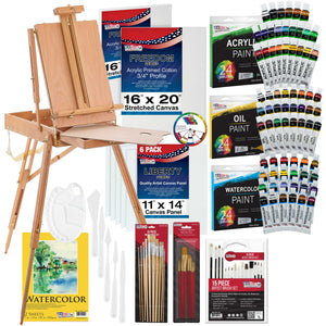121-Piece Artist Painting Kit for Adults - Paint Easel, 24 Acrylic, 24 Oil, 24 Watercolor Paints. Stretched Canvas, Canvas Panels, Paper Pads, 32 Assorted Brushes, Palette, Gift Set