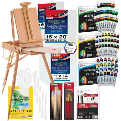 121-Piece Artist Painting Kit for Adults - Paint Easel, 24 Acrylic, 24 Oil, 24 Watercolor Paints. Stretched Canvas, Canvas Panels, Paper Pads, 32 Assorted Brushes, Palette, Gift Set