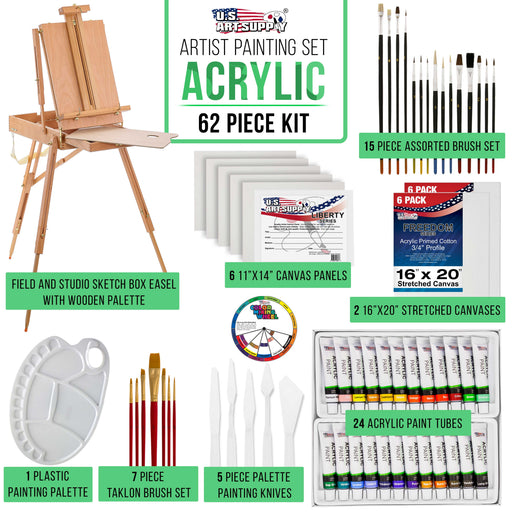 U.S. Art Supply 62-Piece Artist Acrylic Painting Set, Sketch Box Easel, 24 Acrylic Paint Colors, 22 Brushes, 2 Stretched Canvases, 6 Canvas Panels
