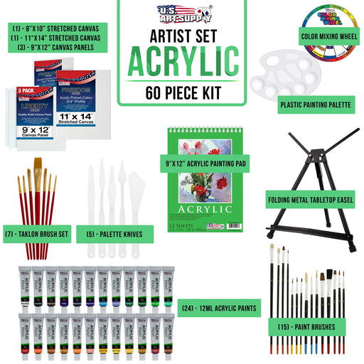 U.S. Art Supply 60-Piece Deluxe Artist Acrylic Painting Set, Aluminum Tabletop Easel, 24 Paint Colors, 22 Brushes, 2 Canvases, 3 Canvas Panels, Pad