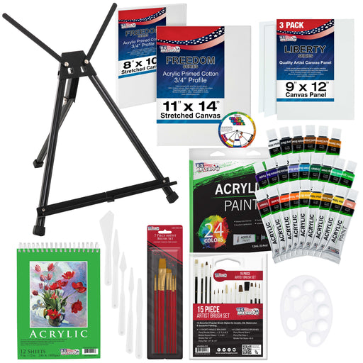 U.S. Art Supply 60-Piece Deluxe Artist Acrylic Painting Set, Aluminum Tabletop Easel, 24 Paint Colors, 22 Brushes, 2 Canvases, 3 Canvas Panels, Pad