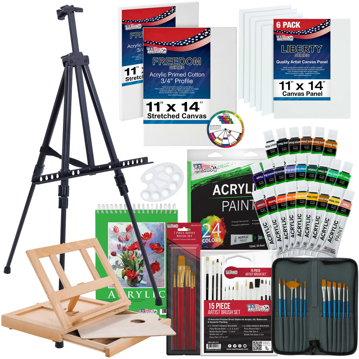 Easel Art Set, 40 Piece Painting Supplies with 1 Art Easel, 24 Acrylic Paint Set, 4 Painting Canvas, 12 Paint Brushes & Necessary Paint Set Tools, Art