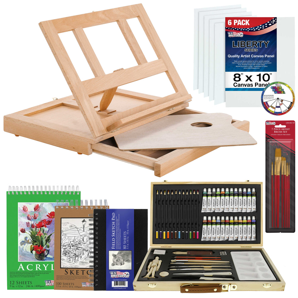 U.S. Art Supply 68-Piece Artist Painting & Drawing Case Set, Wooden Table Easel, 24 Acrylic Paint, 6 Canvases, Brushes, 12 Colored Pencils Sketch Pads