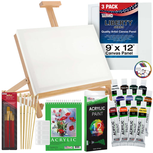 U.S. Art Supply 33-Piece Custom Artist Acrylic Painting Set, Studio Easel, 12 Acrylic Paint Colors, 3 Canvas Panels 13 Brushes, Painting Pad, Students
