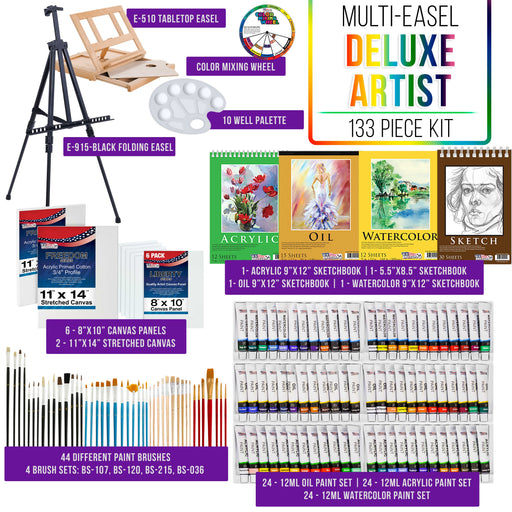U.S. Art Supply 133-Piece Deluxe Artist Painting Set with Aluminum & Wood Easels, 72 Paint Colors, 24 Acrylic 24 Oil 24 Watercolor, 8 Canvases, Sketch
