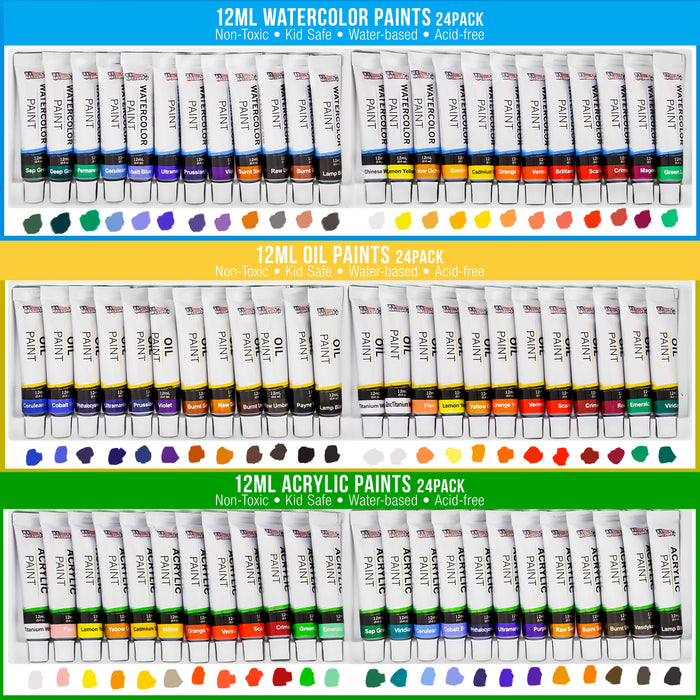 133-Piece Artist Painting Kit - Aluminum & Wood Easel, 24 Each (Acrylic, Oil, Watercolor Paints), 8 Canvases, 44 Brushes, 4 Paint & Sketch Pads - Painting Kits for Adults, Gift Set