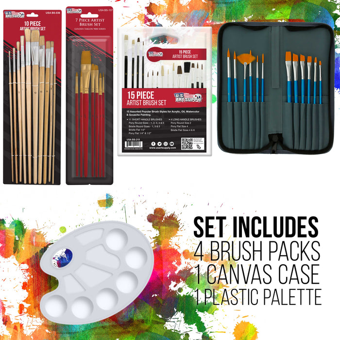 U.S. Art Supply 133-Piece Deluxe Artist Painting Set with Aluminum & Wood Easels, 72 Paint Colors, 24 Acrylic 24 Oil 24 Watercolor, 8 Canvases, Sketch