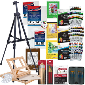 133-Piece Artist Painting Kit - Aluminum & Wood Easel, 24 Each (Acrylic, Oil, Watercolor Paints), 8 Canvases, 44 Brushes, 4 Paint & Sketch Pads - Painting Kits for Adults, Gift Set