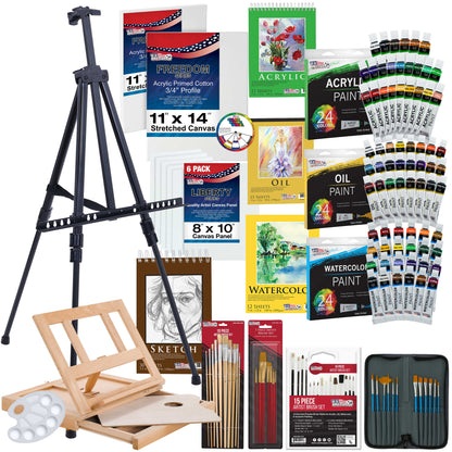 133-Piece Artist Painting Kit - Aluminum & Wood Easel, 24 Each (Acrylic, Oil, Watercolor Paints), 8 Canvases, 44 Brushes, 4 Paint & Sketch Pads - Painting Kits for Adults, Gift Set