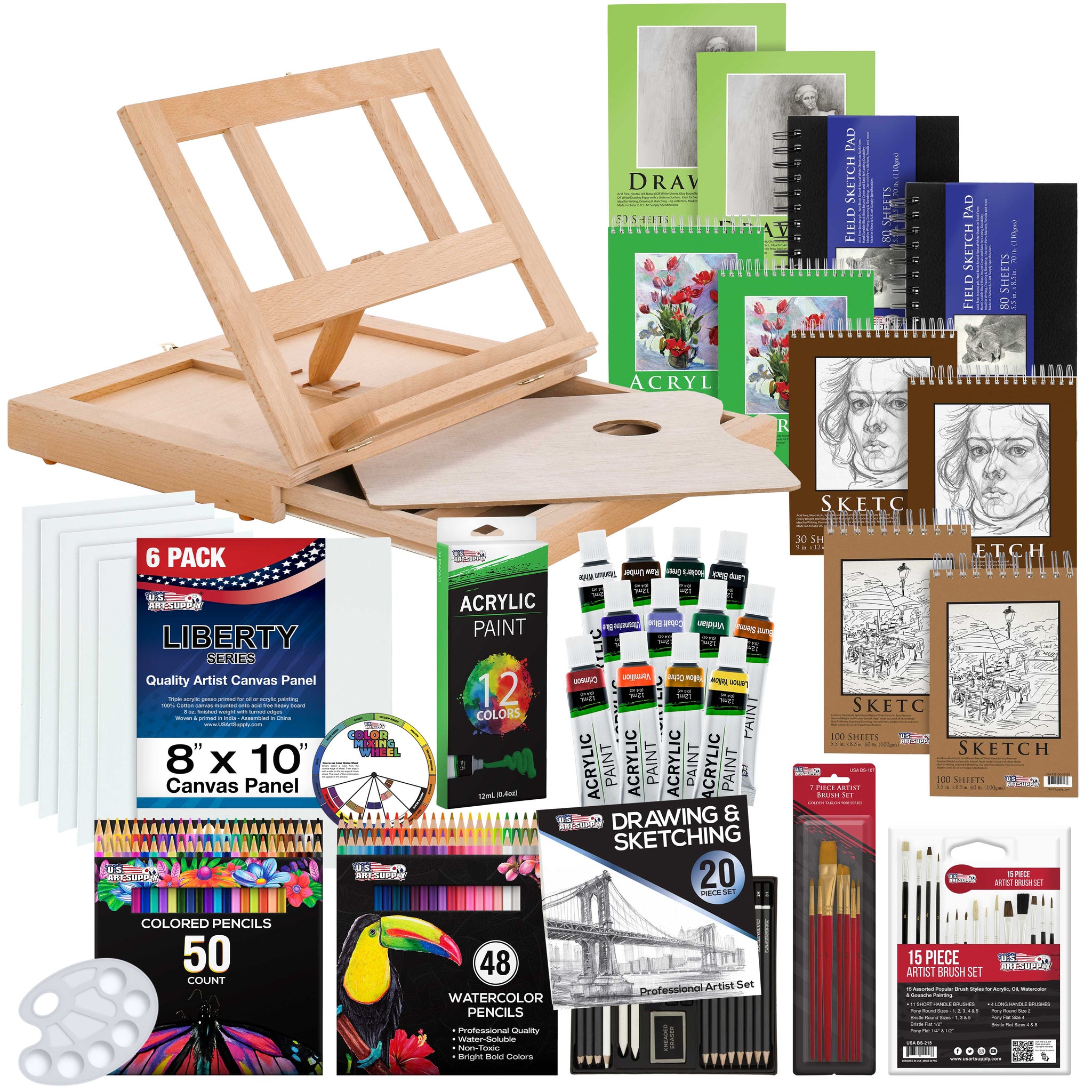 171-Piece Acrylic Painting & Sketch Drawing Set with Wood Easel, Acrylic Paint, 4 Paper Pads, Canvas Panels, Brushes, Color Pencil Set, Sketchbook