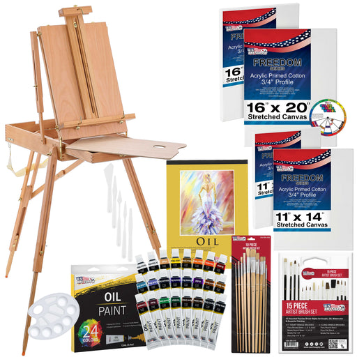 U.S. Art Supply 63-Piece Artist Oil Painting Set with French Style Sketch Box Easel, 24 Oil Paint Colors, 25 Brushes, 4 Stretched Canvases, Paper Pad