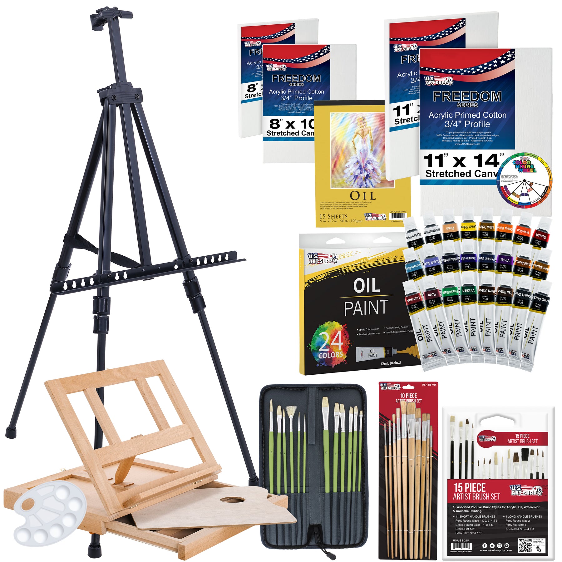 US Art Supply 13-Piece Artist Painting Set with 6 Vivid Oil Paint Colors,  12 Easel, 2 Canvas Panels, 3 Brushes, Wood Painting Palette - Fun Children