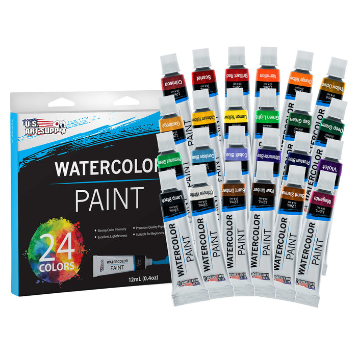 U.S. Art Supply 57-Piece Artist Watercolor Painting Set with Field Box Easel, 24 Watercolor Paint Colors, 22 Brushes, 6 Canvas Panels, 2 Paper Pads