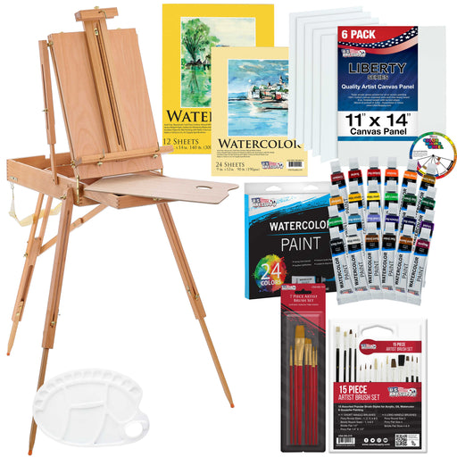 U.S. Art Supply 57-Piece Artist Watercolor Painting Set with Field Box Easel, 24 Watercolor Paint Colors, 22 Brushes, 6 Canvas Panels, 2 Paper Pads