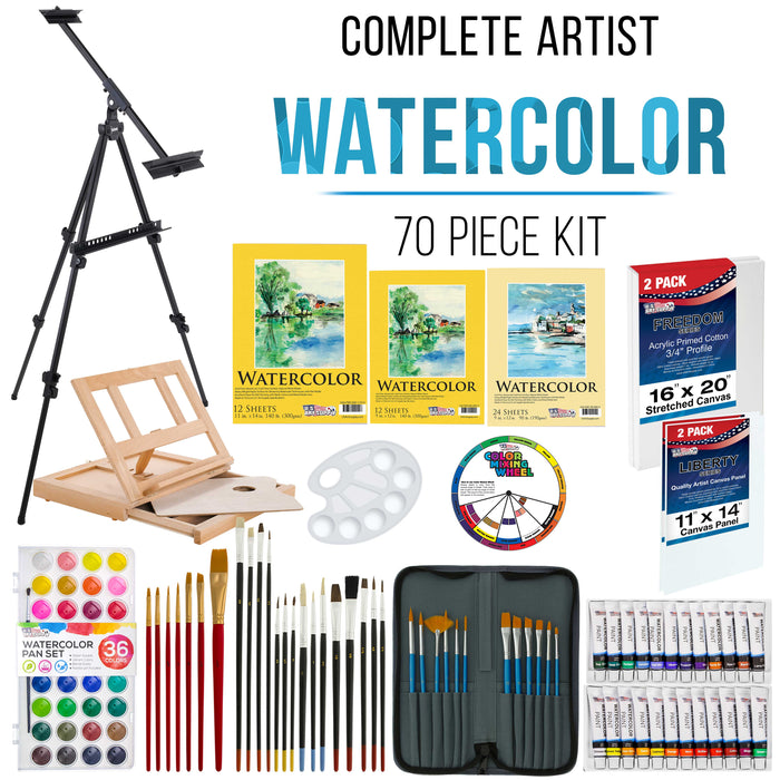 U.S. Art Supply 70-Piece Artist Watercolor Painting Set with Aluminum Field Easel, Wood Table Easel, 60 Watercolor Paint Colors, 34 Brushes 2 Canvases