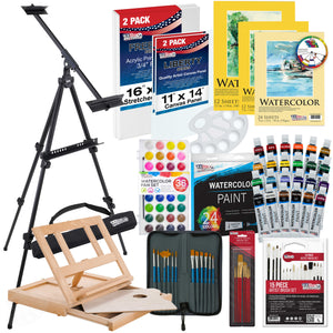 70-Piece Artist Watercolor Painting Set with Aluminum Field Easel, Wood Table Easel, 60 Watercolor Paint Colors, 34 Brushes 2 Canvases